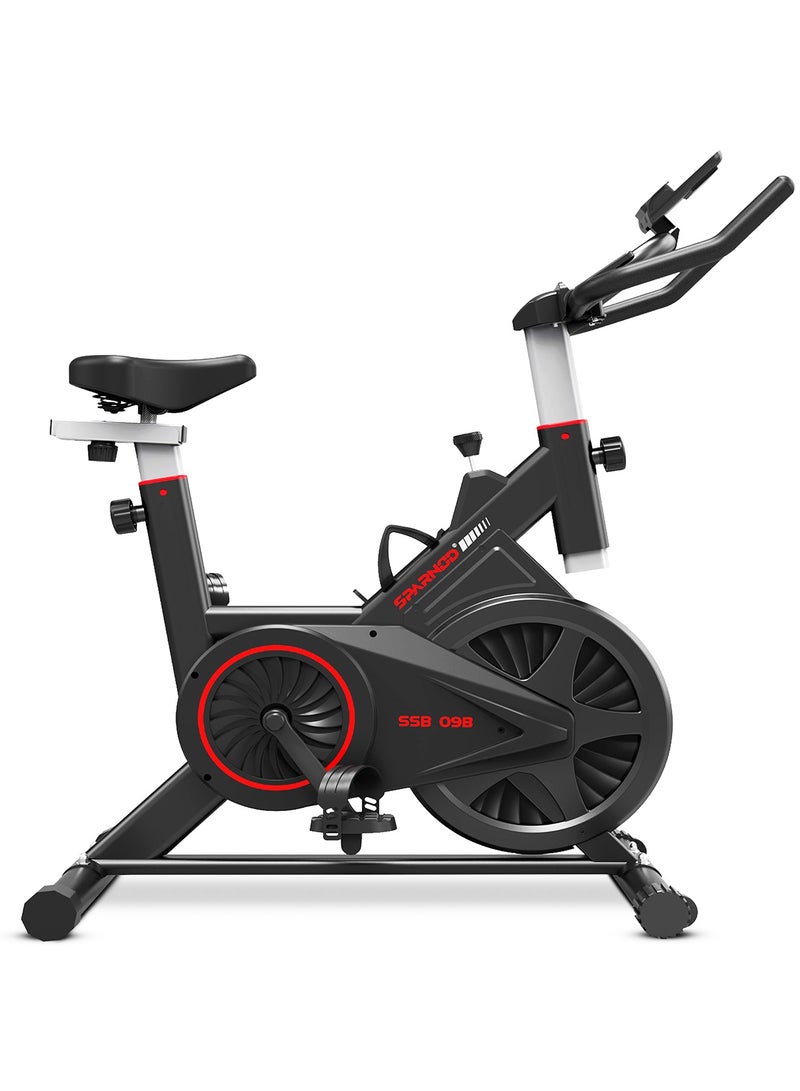 Sparnod Fitness دراجة سبين سبارنوود فيتنس SSB-09B لتمارين المنزل مع نظام حزام، عجلة طيران 9 كجم، مقعد ومقود قابلين للتعديل، مقاومة احتكاك، شاشة LCD، حامل لوحي، أقصى وزن للمستخدم 110 كجم (أسود) - Image 1